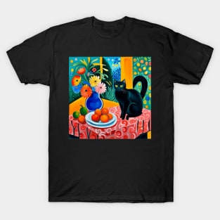 Cute Black Cat with Fruit and Flowers Still Life Painting T-Shirt